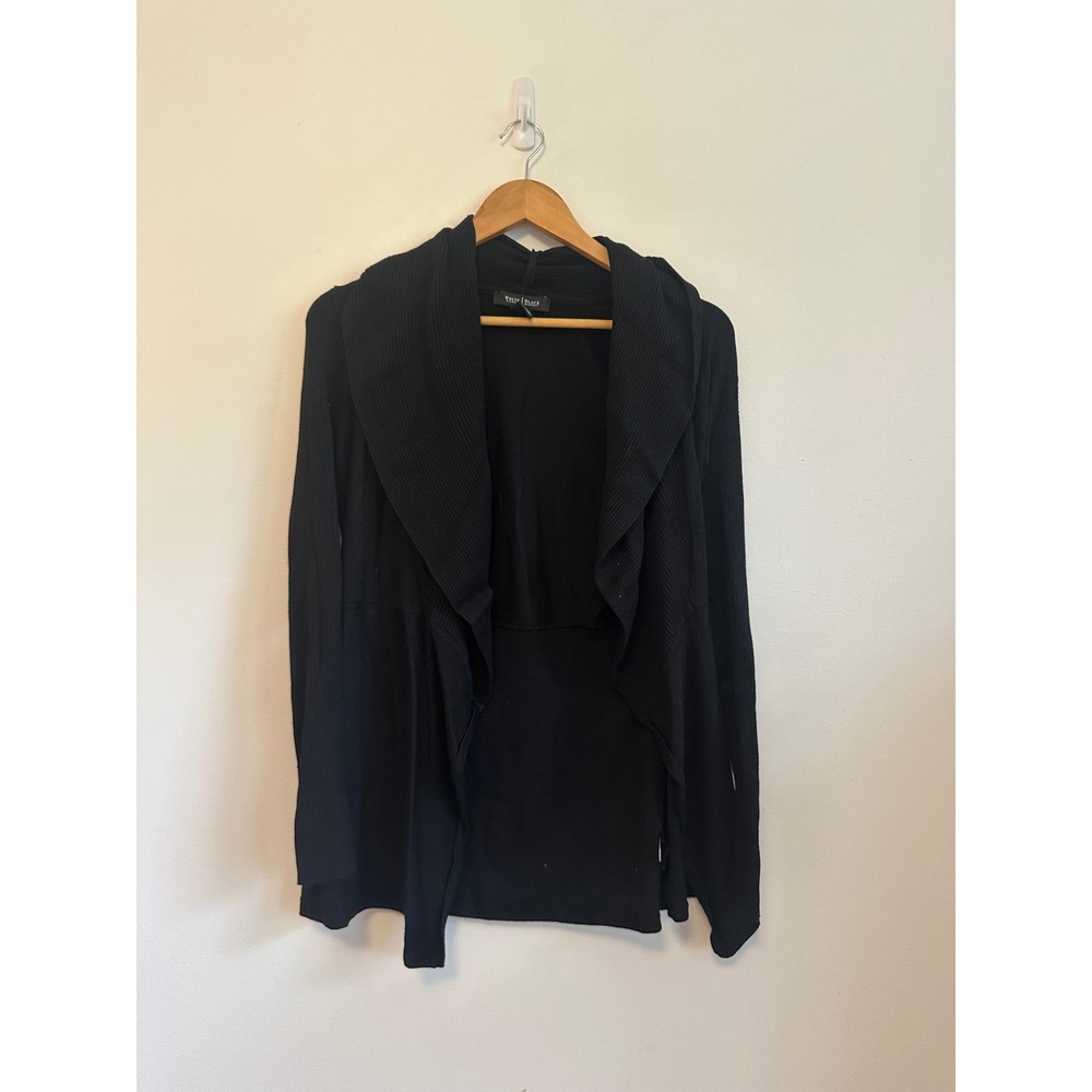 White House Black Market Black Ribbed Shawl Collar Open Front Cardigan | Size XS